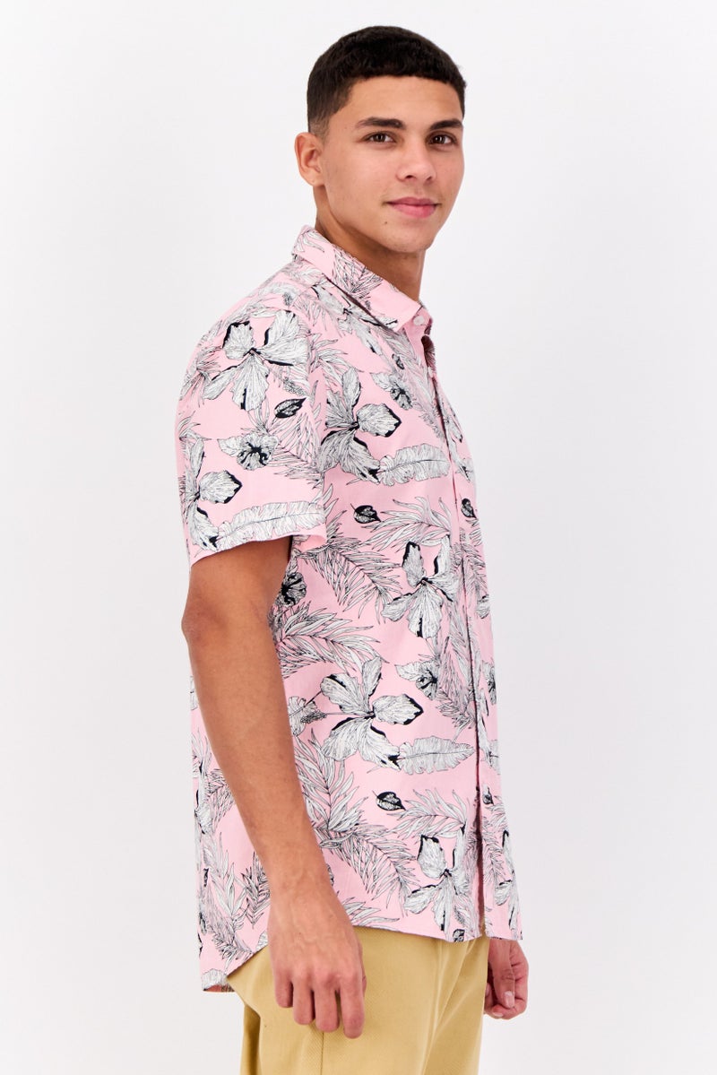 Peter Werth قميص رجالي عادي مزخرف بأكمام قصيرة، وردي - Image 2